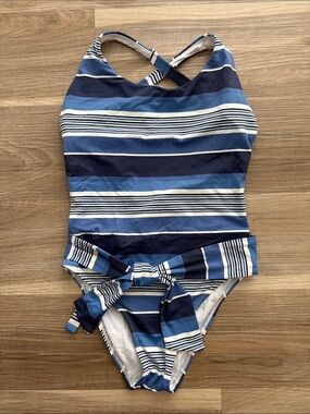 Skye Swimwear Navy and Light Blue Striped Girls' One-Piece with Waist Tie